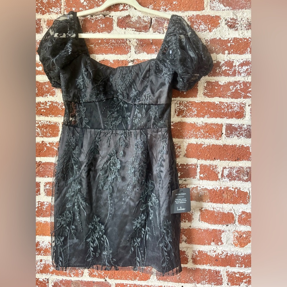 NWT Lulus Seriously Cute Black Embroidered Mesh Puff Sleeve Mini Dress - Picture 6 of 8